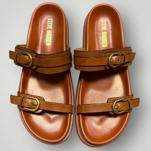 Steve Madden Shoes - Steve Madden Zina Leather Double Strap and Buckle Sandals in Brown & Gold